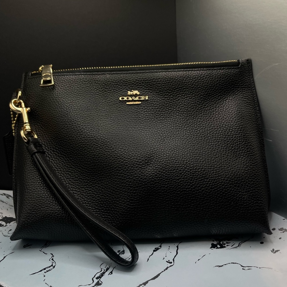 Coach Black Pebbled Leather Wristlet with Gold Accents